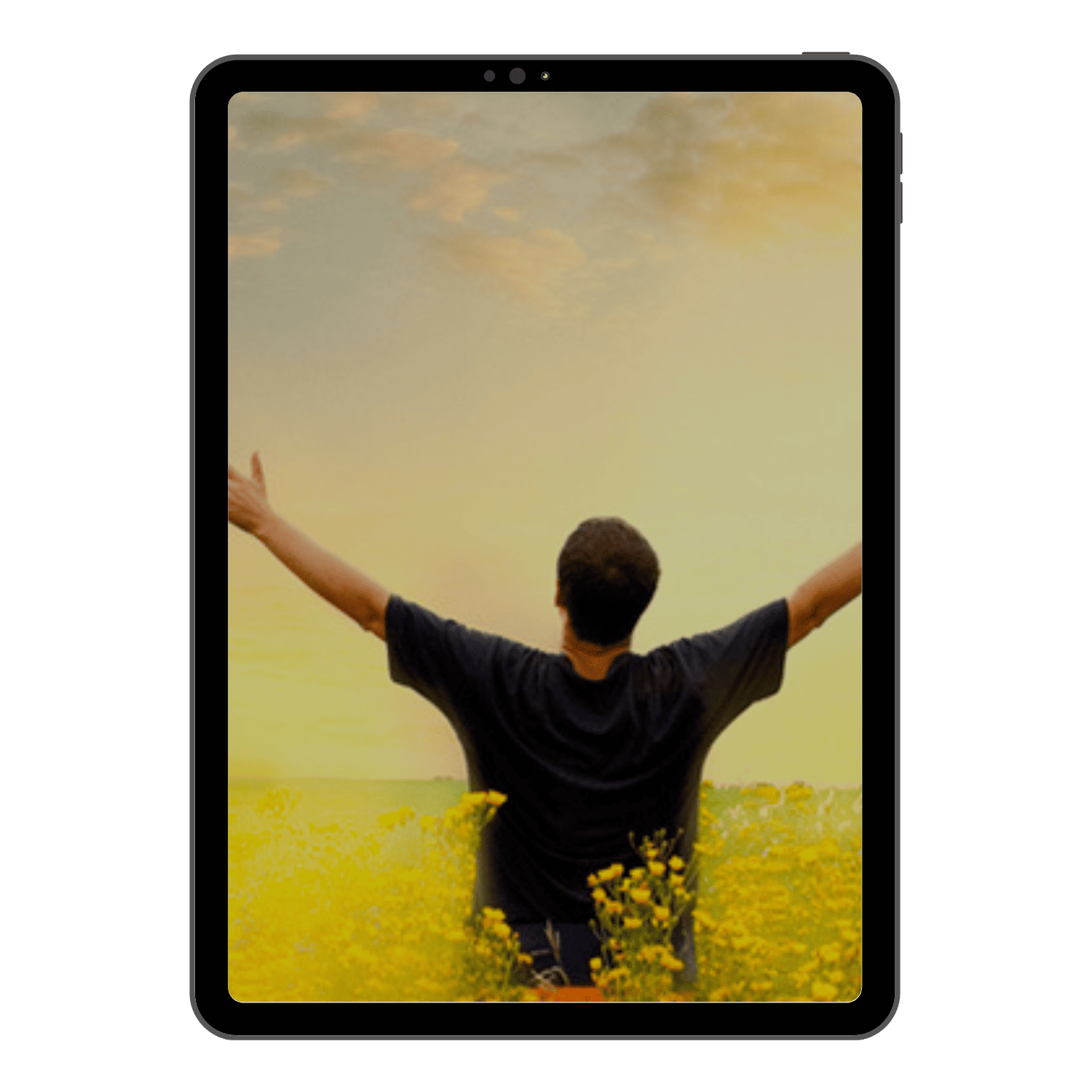 Imagem de tablet com pessoa com os braços abertos remetendo à satisfação/gratidão.