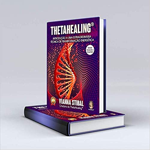 Imagem do primeiro livro de ThetaHealing® 2a edição capa roxa com filamentos de DNA em vermelho