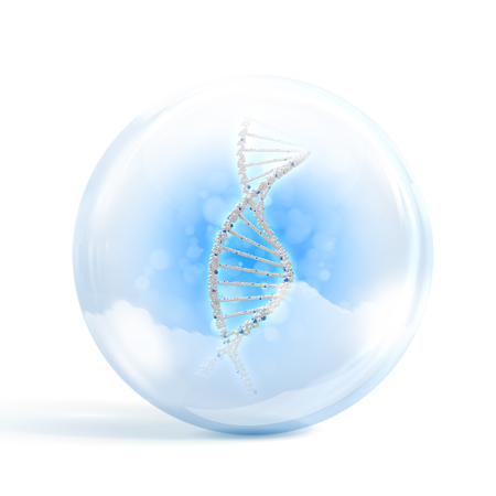 Imagem de uma bola ou bolha em tom translucido azul e branco, com um dna dentro 