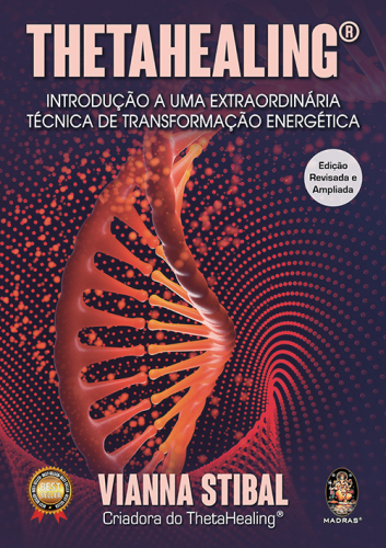 Imagem do livro ThetaHealing® Introdução a uma extraordinária técnica de transformação energética. 2a edição capa roxa com filamentos de DNA em vermelho