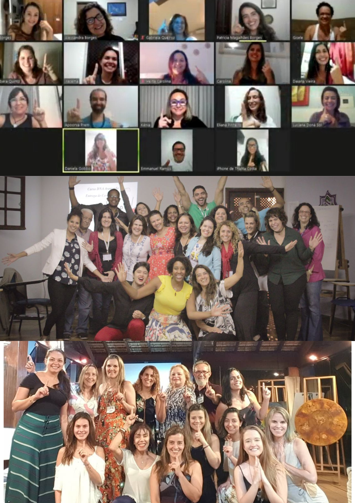 Imagem de um curso online com 18 pessoas sorrindo online, Turma com 20 pessoas presencial e mais um turma de 13 pessoas e todas sorrindo e celebrando